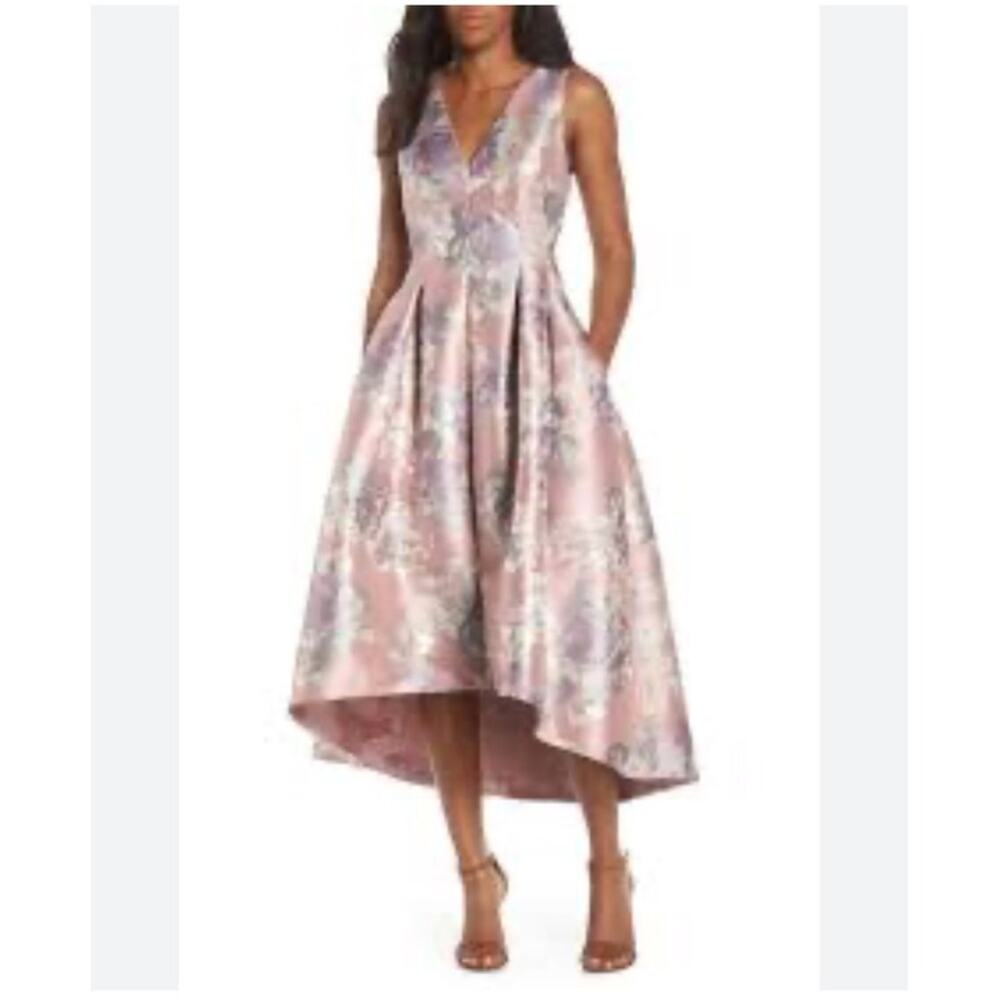Eliza J V Neck Metallic High Low Wedding Pink Midi Dress with Pockets 12